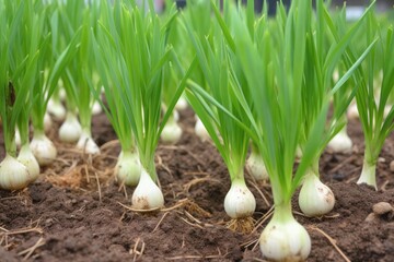 Obraz premium closeup of healthy and growing garlic plants, created with generative ai