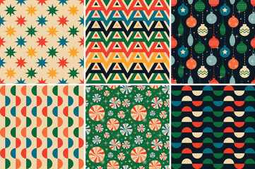 Vintage retro Christmas seamless backgrounds in the style of the 60s and 70s. Vector illustration