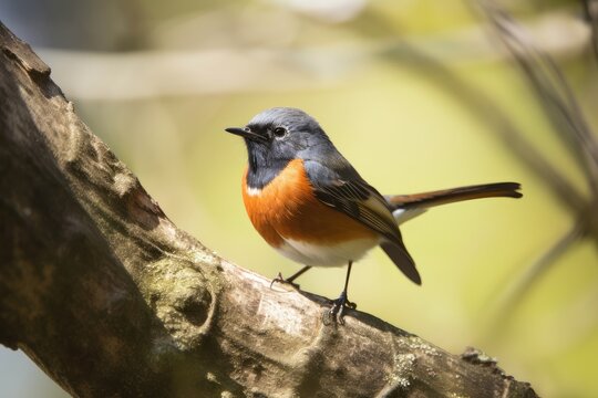 male redstart bird sitting on branch, with its head tilted and eyes focused, created with generative ai