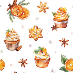 Seamless pattern with cupcakes, ginger cookie and star anice isolated on white background. Watercolor christmas illustration. 