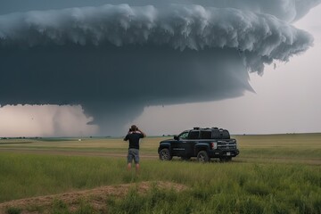 storm chaser filming tornado with drone, capturing incredible footage of twisting clouds and winds, created with generative ai