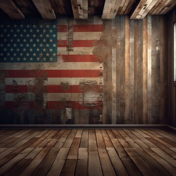 Fondo con detalle y textura de pared de madera antigua, con restos de pintura de bandera de America