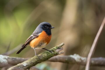 male redstart bird sitting on branch, with its head tilted and eyes focused, created with generative ai