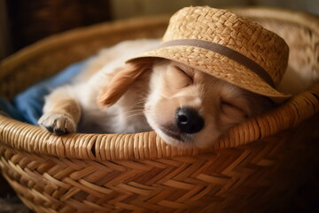Cute puppy sleeping in straw hat at farm house, generative ai