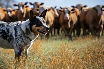Blue heeler or australian cattle dog grazing a herd of cows on a farm, generative ai - obrazy, fototapety, plakaty