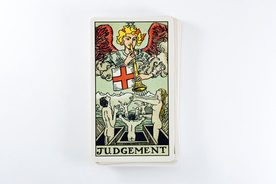 Madrid, Spain - May 22, 2023: Tarot cards, Rider Waite tarot cards, the judgement vintage card in the foreground.