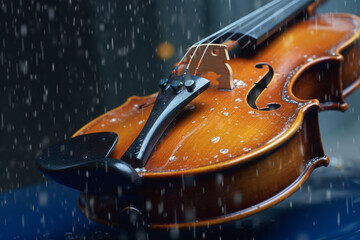 The violin is wet in the rain. AI generated.