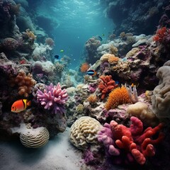 Fondo natural con detalle de barrera de coral de colores intensos, con peces tropicales