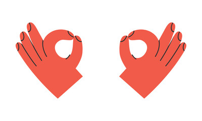 Obraz premium Hand drawn cute illustration of yoga gyan mudra. Flat vector hand position at meditation symbol in colored doodle style. Mental health, self care sticker, icon or print. Isolated on white background.