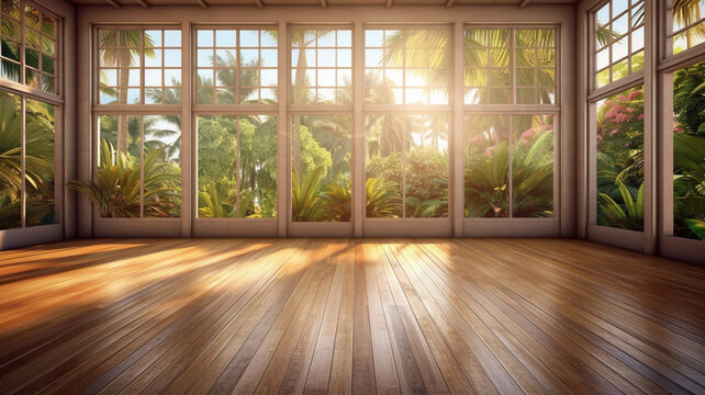 Fototapeta Wooden floor and huge French panoramic windows in a large room. AI generated. Tropical garden outside the window.