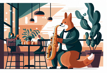 Corgi plays the saxophone in a restaurant. Vector illustration style. AI generated.