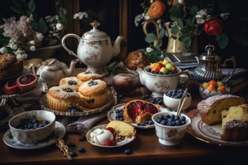 Fototapeta premium tea party setting with a variety of baked goods and tea cups, created with generative ai