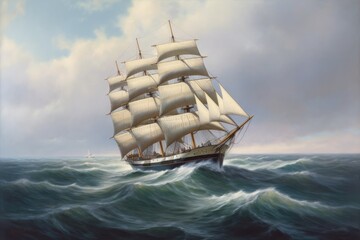 sailing vessel in full sail, with billowing sails and tranquil waters, created with generative ai