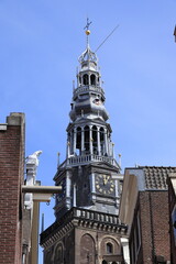 Obraz premium Amsterdam Oude Kerk Church Tower Seen from the St. Anna Dwarsstraat Street, Netherlands