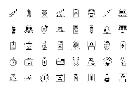 Simple Set of Nuclear Related Vector Line Icons. Contains such Icon as Hydroelectric Power Station, Solar Cells, Fossil Fuels and more. 