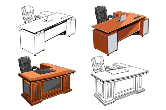 Office rooms set. Detailed graphic room interiors with furniture: office tables, chairs, laptops and office supplies. Modern workplaces. Flat style vector illustration. 