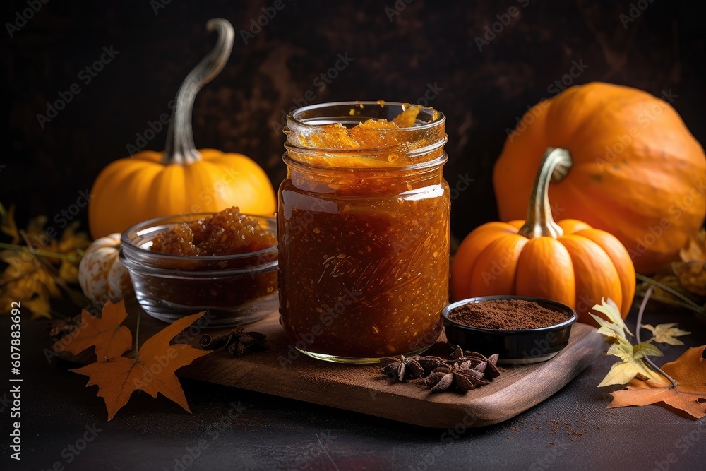 Poster jar of pumpkin preserves, with flavor and spice, created with generative ai