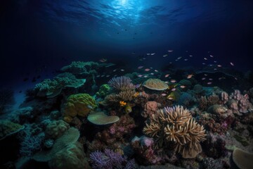 Naklejka na ściany i meble coral reef at night, with schools of fish and other marine life swimming around, created with generative ai