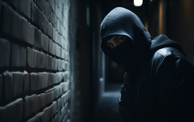 Man in a hood in the darkness. Robber hiding in the corner. Generative AI technology.