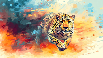 Leopard running illustration vector in abstract mixed grunge colors digital painting in minimal graphic art style. Digital illustration generative AI.