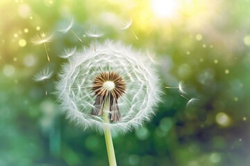 a dandelion with seeds is blowing in the wind Generative AI