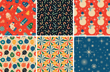 Vintage retro Christmas seamless backgrounds in the style of the 60s and 70s. Vector illustration