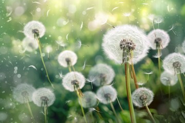 dandelions flying in the air with a green background Generative AI