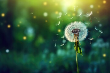 dandelion flying in the wind with green background and seeds Generative AI