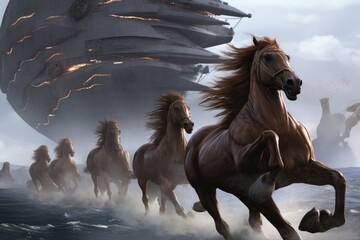 a group of horses running from an unseen threat, with alien ships in the background, created with generative ai