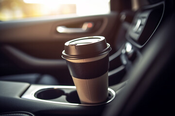Close up of coffee cup in car
