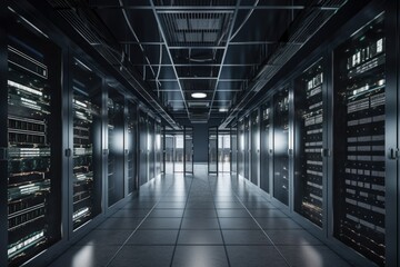 data center with shelves of servers and processors, cloud storage and backup devices, created with generative ai