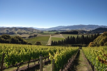 Fototapeta premium vineyard, with view of rolling hills and distant mountains, on a sunny day, created with generative ai