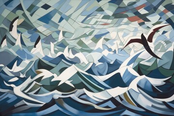 cubist painting of the sea, with waves and seagulls, created with generative ai