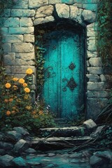 Blue door on the old house, created with generative AI