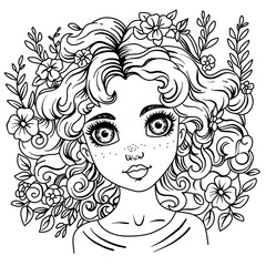 A character design cute girl with a flowers. Coloring book 