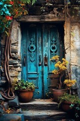 Fototapeta na wymiar Blue door on the old house, created with generative AI