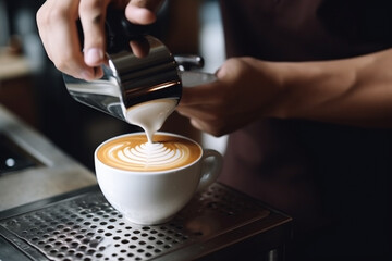 Fototapeta na wymiar Barista making coffee latte art in coffee shop with coffee machine