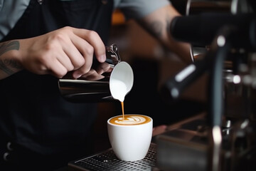 Fototapeta na wymiar Barista making coffee latte art in coffee shop with coffee machine