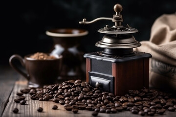Coffee grinder machine and coffee beans on table with dark background