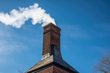 chimney with smoke gently billowing out, against a clear blue sky, created with generative ai