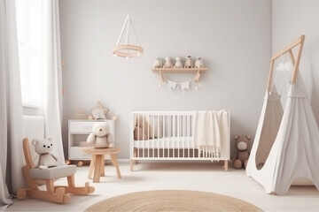 Modern minimalist nursery room, Baby room interior, Light colours, Scandinavian style - obrazy, fototapety, plakaty