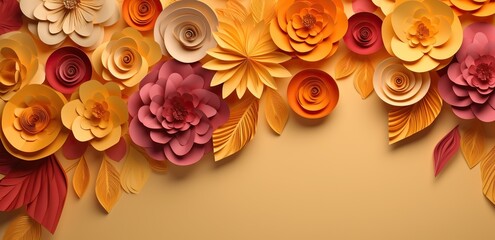 threedimensional colorful paper flowers on a background in yellow. Generative AI