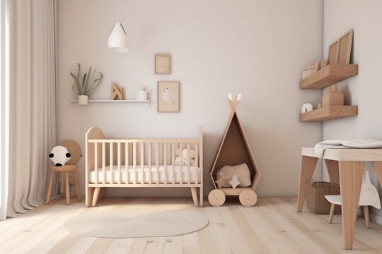 Modern minimalist nursery room, Baby room interior, Light colours, Scandinavian style