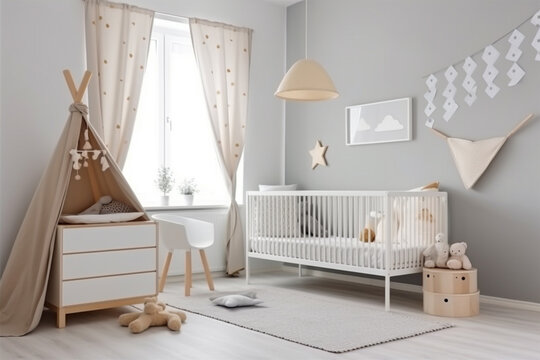 Fototapeta Modern minimalist nursery room, Baby room interior, Light colours, Scandinavian style