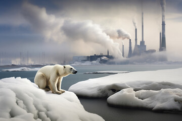 Obraz na płótnie Canvas Stranded polar bear on a melting iceberg with distant industrial smokestacks, illustrating climate change and global warming impact on wildlife