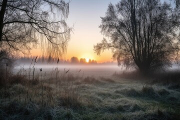 sunrise, with misty meadow and silhouetted trees in the background, created with generative ai