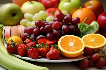 Naklejka na ściany i meble plate of fresh fruits and vegetables, perfect for a healthy immune system, created with generative ai