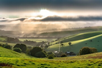 Fototapeta na wymiar view of rolling hills, with mist rising from the ground, and sun peeking through clouds, created with generative ai