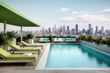 Fototapeta na wymiar green rooftop terrace with lounge chairs and an infinity pool, surrounded by city skyline, created with generative ai