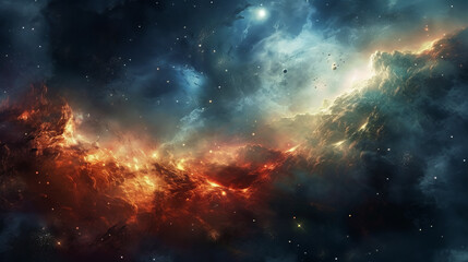 Fototapeta premium Beautiful Fiery Nebula, Fantasy Sky Imagery, Vibrant Nebula Clouds And Stars